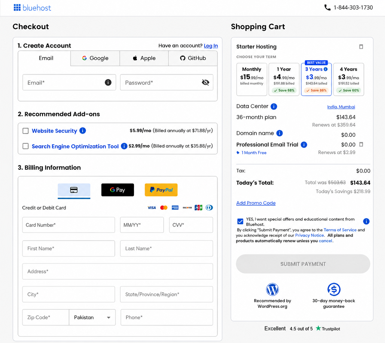 Bluehost checkout page showing Recommended Add-ons section