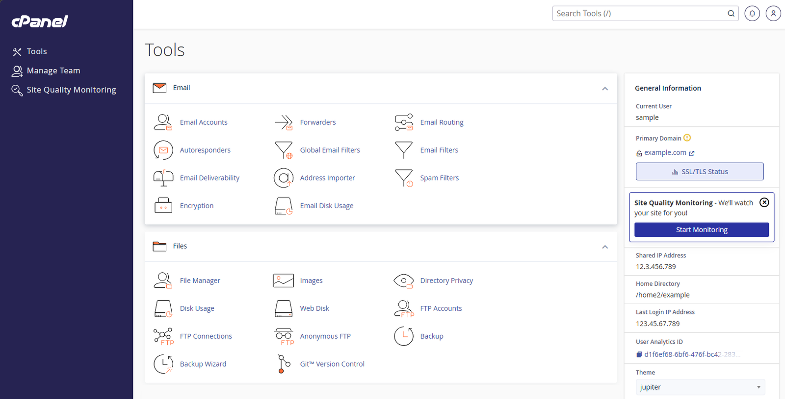 Bluehost cPanel dashboard Jupiter theme showing Email and Files sections